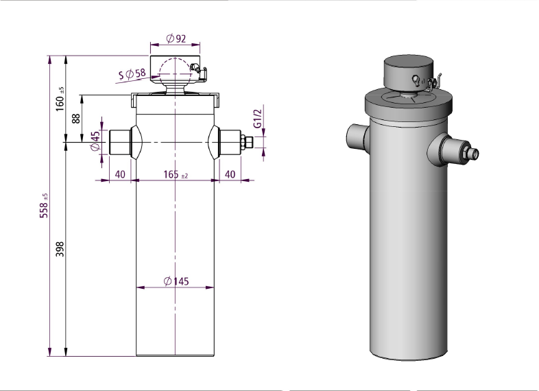 Tipping cylinder center mounted | 10 Ton 4 Stage 1500mm Stroke | Penta