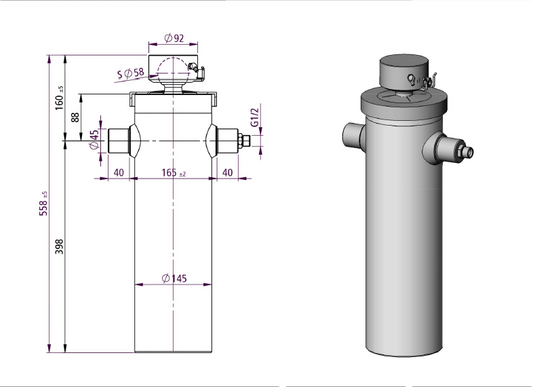 Tipping cylinder center mounted | 10 Ton 4 Stage 1500mm Stroke | Penta